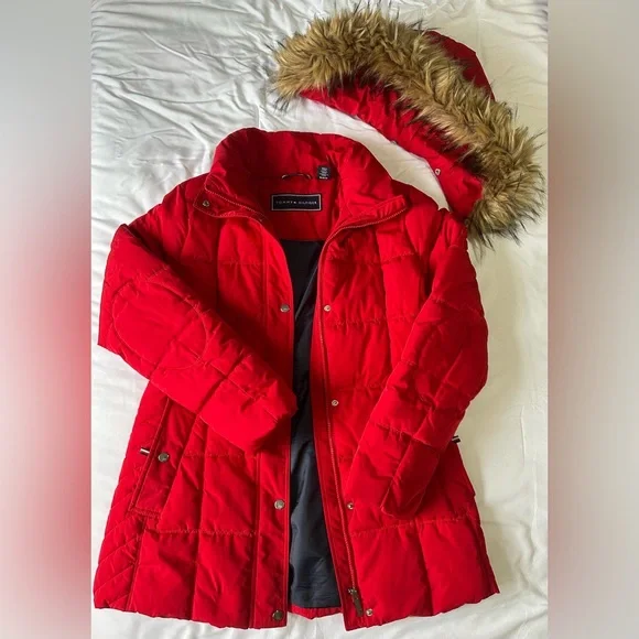 Tommy Hilfiger Red Fur Lined Puffer Coat - Picture 4 of 8
